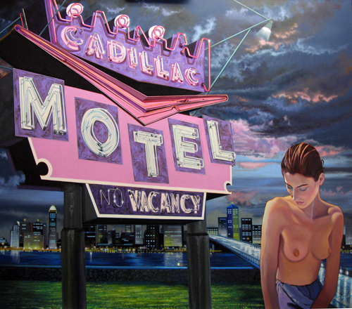 Pintura figurativa de una mujer frente a un letrero de neón de motel.