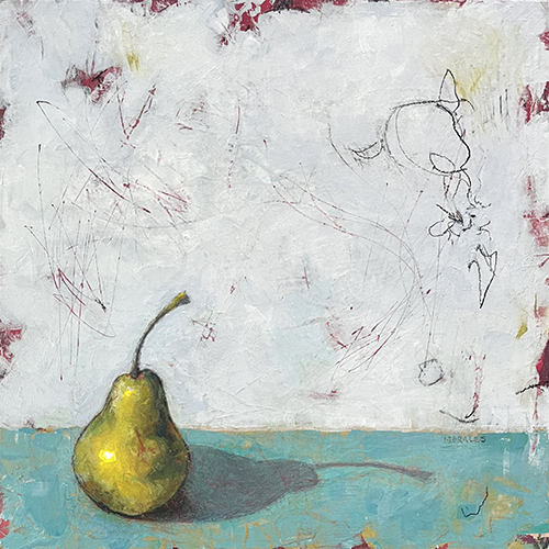 still life painting of a pear on abstract background