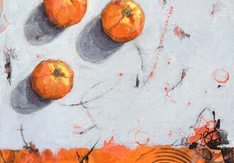 painting of three oranges on abstract background