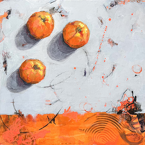painting of three oranges on abstract background