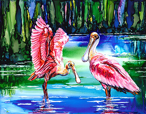alcohol ink painting of roseate spoonbills