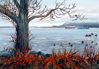 watercolour painting of a waterfront tree and ethereal background