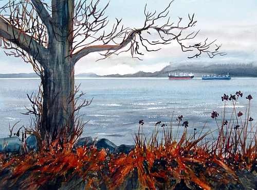 watercolour painting of a waterfront tree and ethereal background
