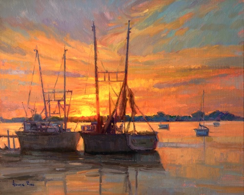 oil painting of boats at sunset #oilpainting #floridaartist #oceanscene