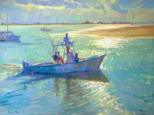 Oil painting of a boat on a shimmering Florida bay #boatingart #coastalart 