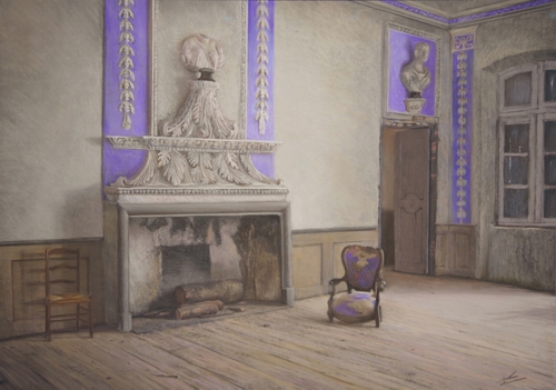 pastel drawing of an old chateau interior