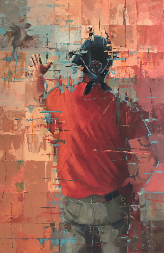 semi abstract painting of a person reaching