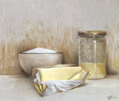 still life in pastel, butter and sugar