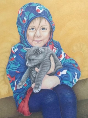 colored pencil drawing of a girl and kitten