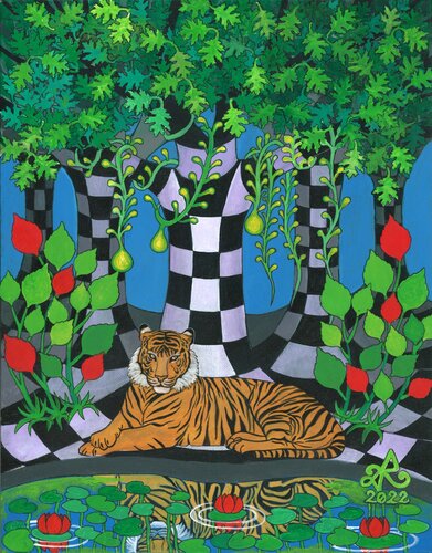 whimsical forest landscape with tiger by Roopa Dudley