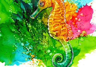 painting of a seahorse in alcohol ink
