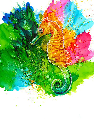 painting of a seahorse in alcohol ink