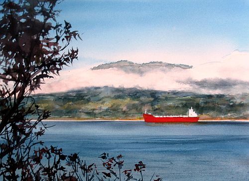 watercolour painting of English Bay with large ship