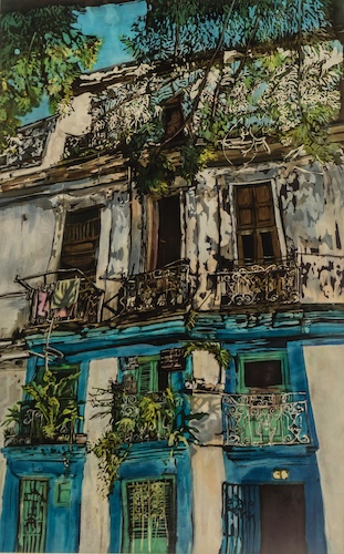 wax resist painting of a building in Havana, Cuba