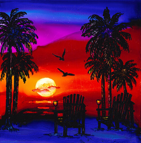 Bold sunset painting in alcohol ink