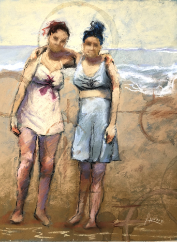 pastel drawing of two women at the seashore