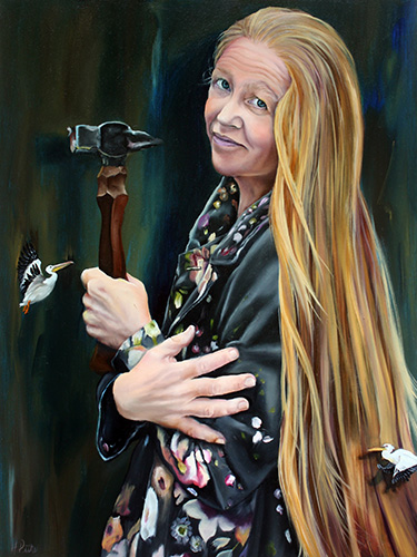 figurative painting of a woman with a hammer, #figurativeart