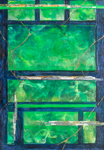 geometric abstract painting in greens