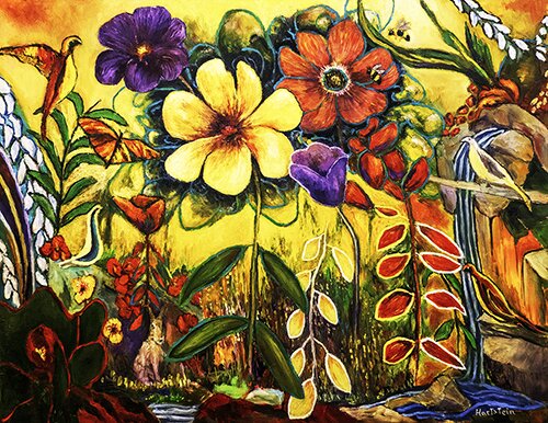 whimsical garden scene rendered in oil paint
