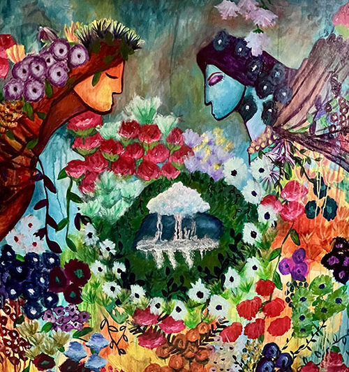 whimsical angel painting with garden scene