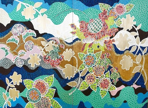 whimsical colorful painted floral diptych