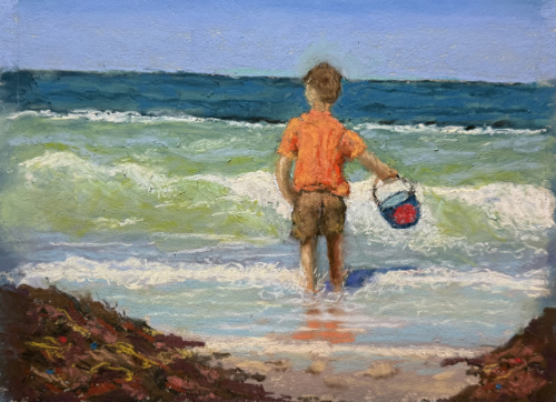 pastel ocean scene with a boy holding a bucket