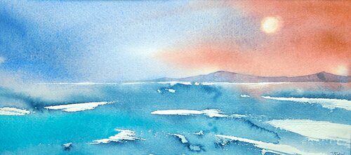 watercolor painting of a pastel sunrise over water