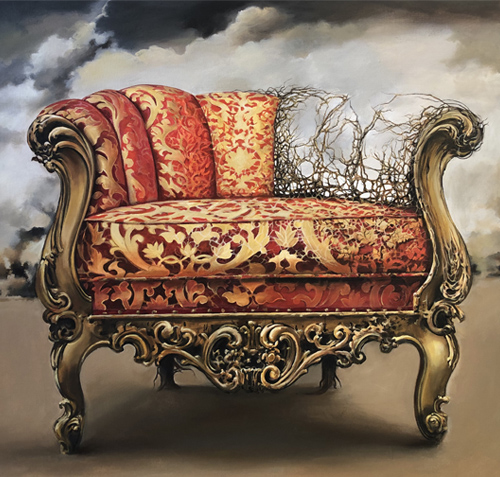 fantasy painting of a loveseat in a dystopian background