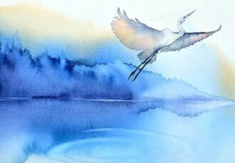 watercolor of an egret in flight at dawn