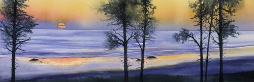 watercolor painting of a sunset on a foggy day