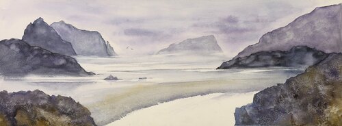 watercolor landscape of beach and water