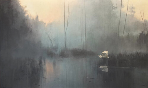 acrylic painting of a landscape in a morning mist