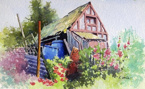watercolour painting of a wheelbarrow and barn
