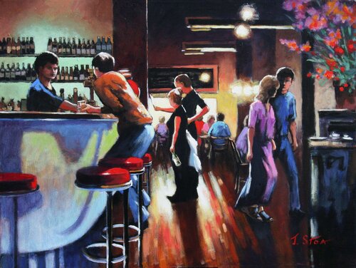 acrylic painting of an interior bar scene