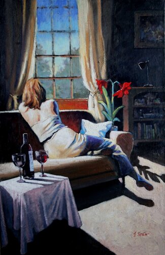 oil painting of a woman at a window, soft and moody