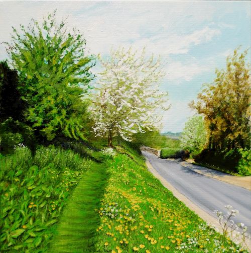 acrylic painting of a tree on a lane by Rhia Janta-Cooper