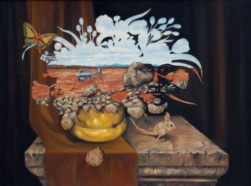surreal still life painting with an outback theme