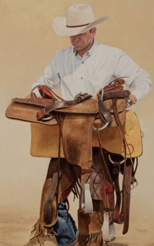 Oil painting of a cowboy holding a saddle