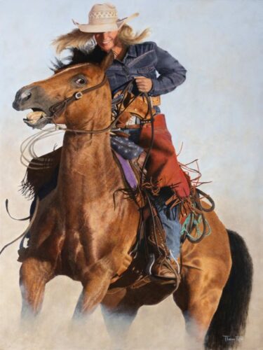oil painting of a woman riding a Western horse