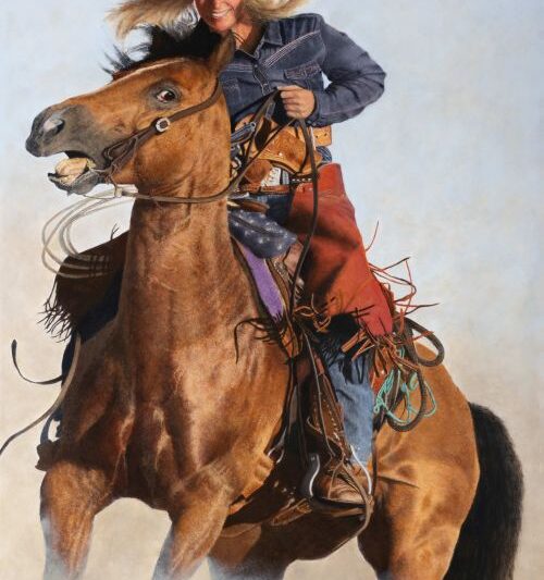 oil painting of a woman riding a Western horse