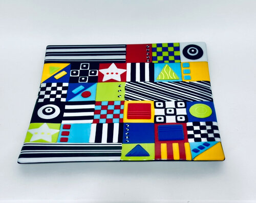colorful whimsical geometric design fused glass plate