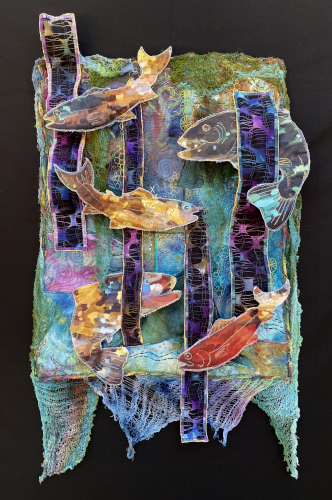 colorful fiber art quilt with a Montana theme