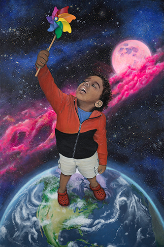 painting of a young boy in space