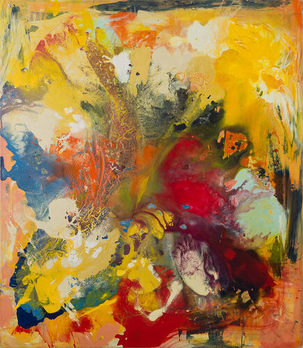 abstract painting of a bouquet of daffodils and roses