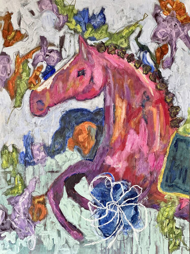 whimsical painting of a jumping horse