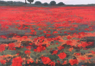 semi-abstract landscape painting of a poppy field