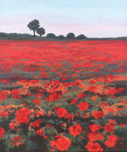 semi-abstract landscape painting of a poppy field