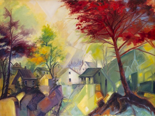 bold landscape painting of a village in the trees