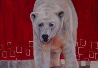 painting of a polar bear on red background