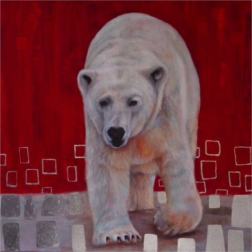 painting of a polar bear on red background